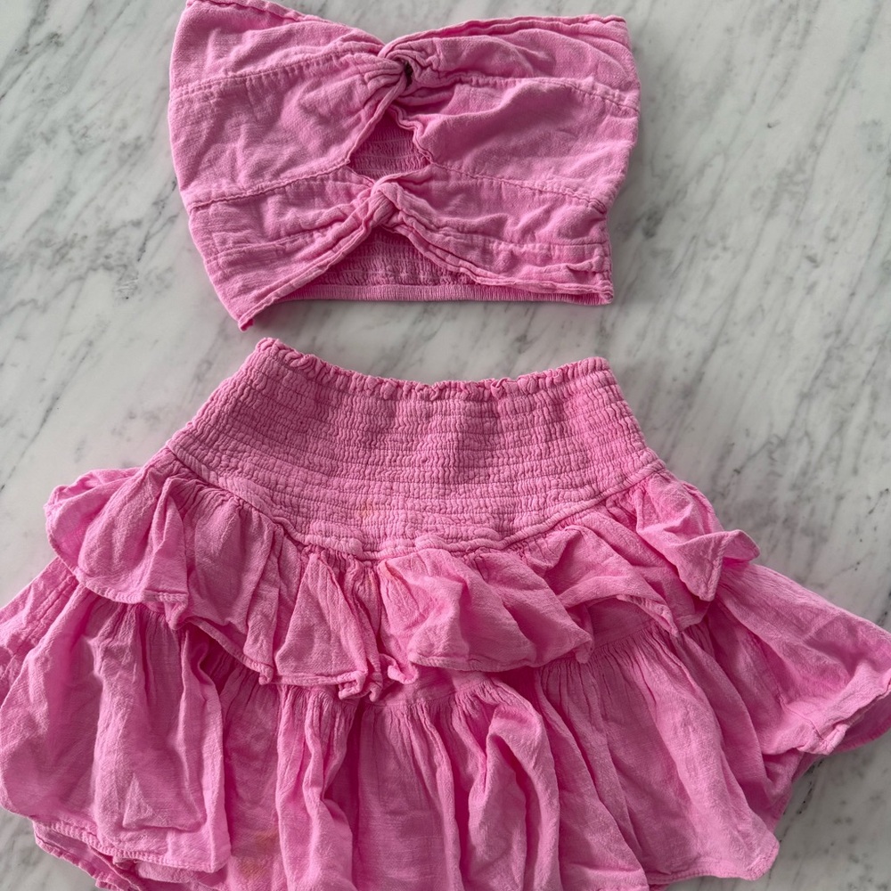 Strapless Pink Ruffle Skirt Set - Twist Crop Top & Tiered Mini Skirt - Picture 3 of 6